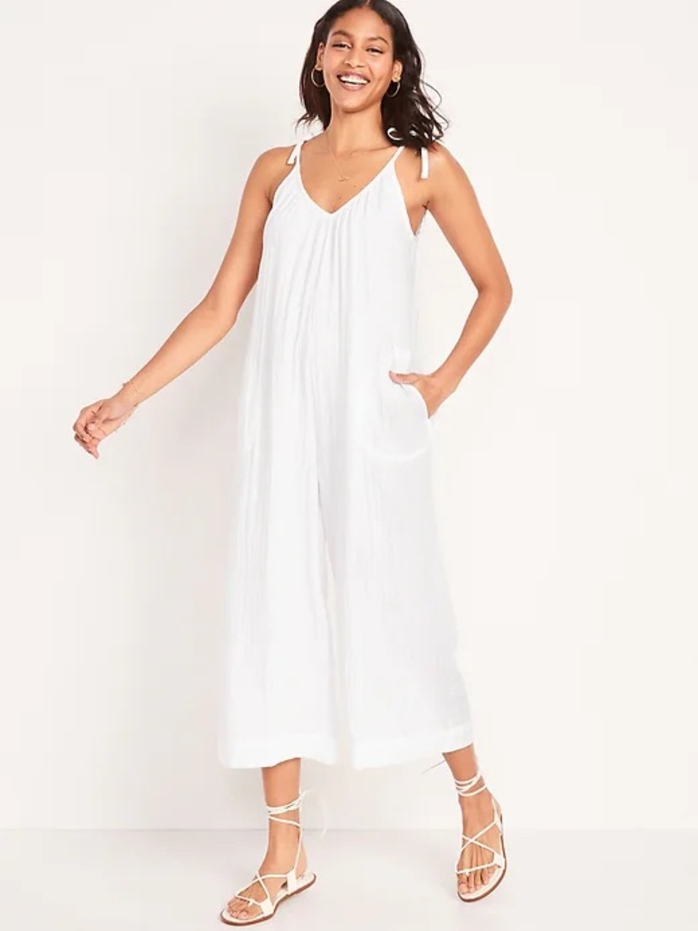Old Navy Cotton TieShoulder Cropped Crinkled Jumpsuit V-Neck Pocket Wide Leg XXL